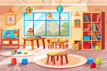 Kindergarten playroom interior design. Vector cartoon illustration of nursery school classroom with large window, furniture and toys, wooden table and chairs for kids, bookshelf, preschool education v