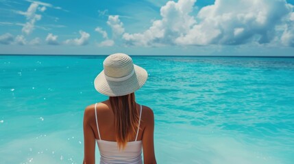 Happy a holiday in Summer blue trend with young woman in hat at happy freedom lifestyle