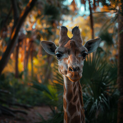 Giraffe Portrait in Lush Forest at Sunset