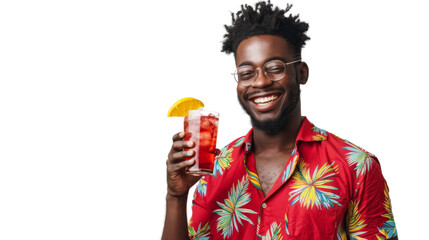 Happy black young male tourist in a red shirt toasting with a cocktail white background