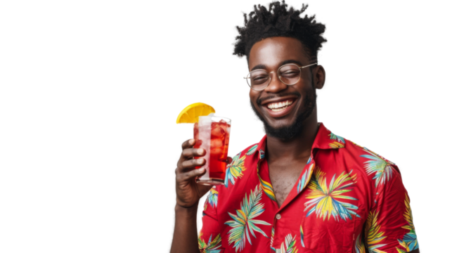 Happy black young male tourist in a red shirt toasting with a cocktail white background