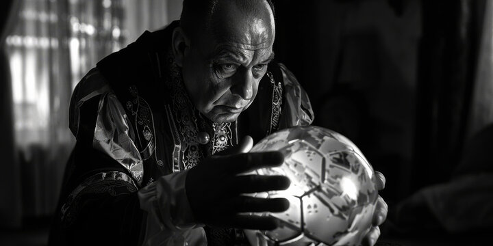 The predictor sits attentively, analyzing the football ball with keen interest. He hoping to foresee the outcome of the game