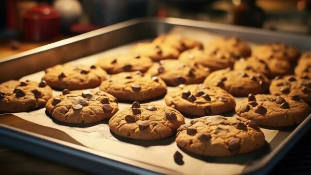 A tray of chocolate chip cookies is sitting on a counter. The cookies are all different sizes and are all brown