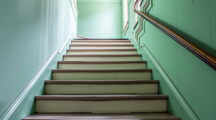 Pale mint stairs with a classic wooden handrail, full view from a low angle.