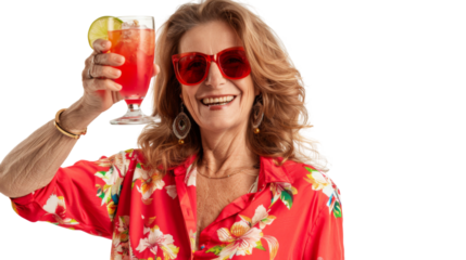 Happy caucasian mature female tourist in a red shirt toasting with a cocktail white background