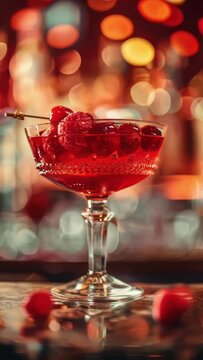 A glass of red wine with a stem and a bunch of raspberries on the table
