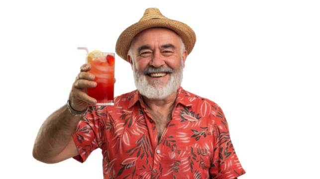 Happy caucasian mature male tourist in a red shirt toasting with a cocktail white background