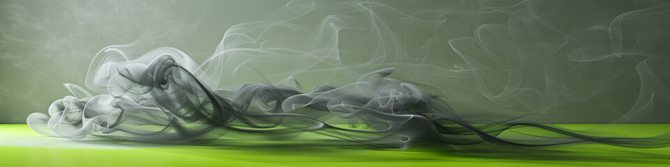 Radiant grey smoke abstract background wafts over a vibrant lime green floor.