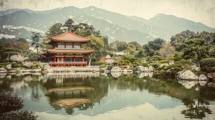 A traditional Japanese building gracefully on the edge of a tranquil pond