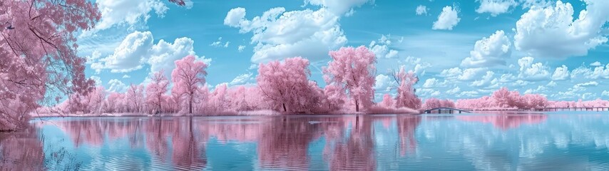 Cherry blossom forest by the lake in spring