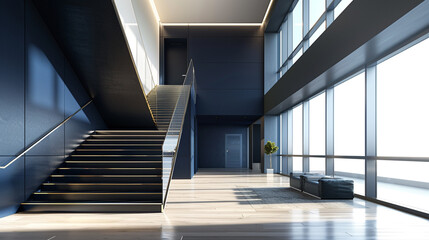 Obraz premium Rich navy entrance hall with a minimalist staircase and panoramic windows in a contemporary American setting.
