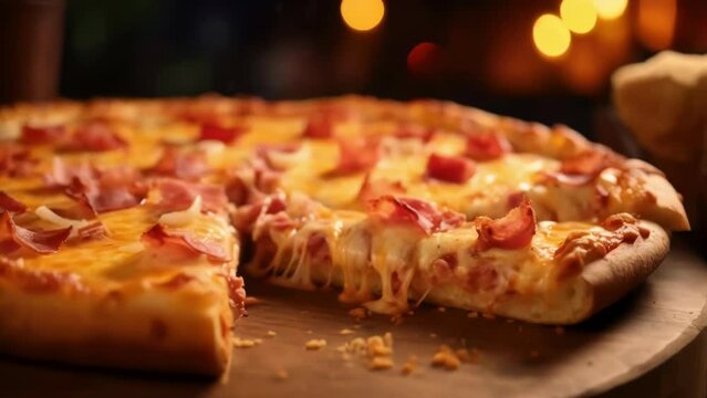 A slice of pizza with ham and cheese on it. The pizza is cut in half and has a piece missing