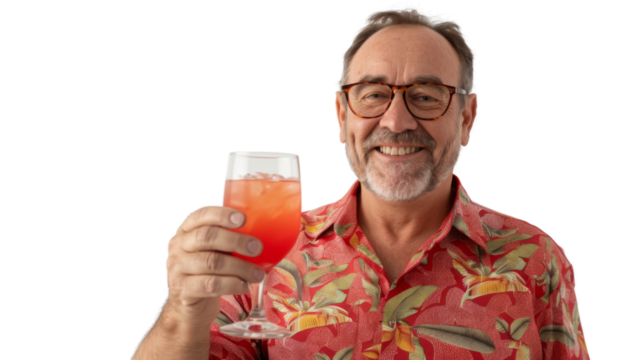 Happy caucasian middle age male tourist in a red shirt toasting with a cocktail white background