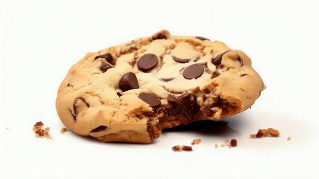 A chocolate chip cookie with a bite taken out of it. The cookie is on a white background