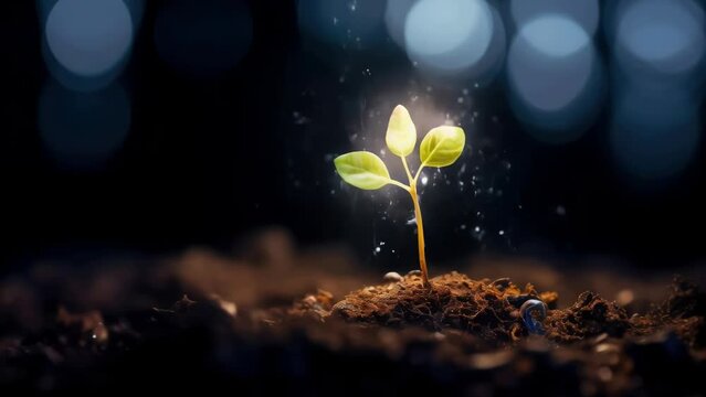 A small plant is growing in the dirt. The plant is surrounded by water droplets, which are falling from the leaves. Concept of growth and life, as the plant is beginning to sprout and thrive