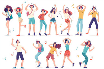 Persons listen to music in headphones and dance. Male and female young cartoon characters with earphones on head. Vector illustration set of man and woman relax and enjoy song moving to disco sound. v