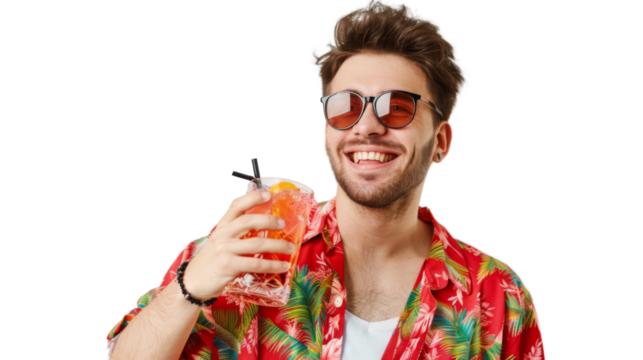 Happy caucasian young male tourist in a red shirt toasting with a cocktail white background