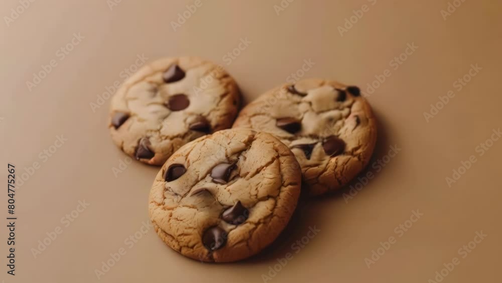 Poster three chocolate chip cookies on a table. the cookies are all different sizes and are piled on top of