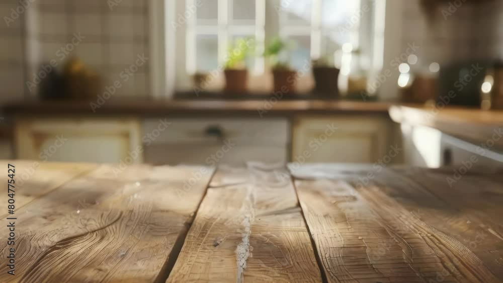 Aufkleber a wooden table with a window in the background. the table is empty and the window is letting in sunl