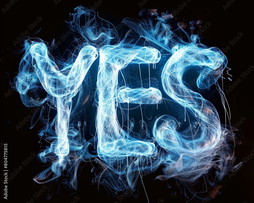 Poster the word yes in the style of smoking material in blue color made in 3d model.