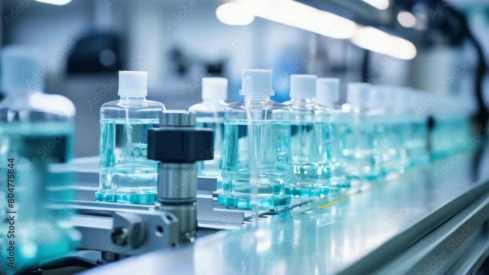 Poster a row of bottles with blue liquid inside of them. the bottles are lined up on a conveyor belt