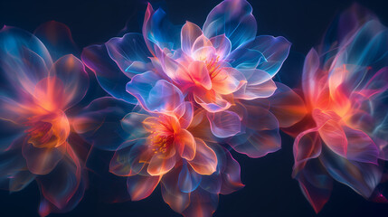 magnificent flowers with translucent pink, orange and blue hued petals on a deep blue background, wide, 19:6
