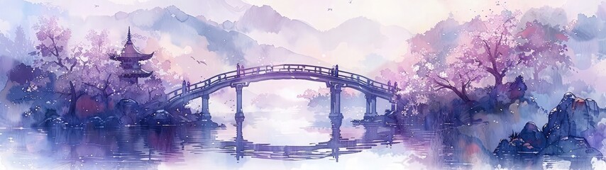Japanese atmosphere painting full of tranquility, suitable for a spring background.