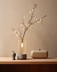 Minimalist still life with flowering branches and decorative objects