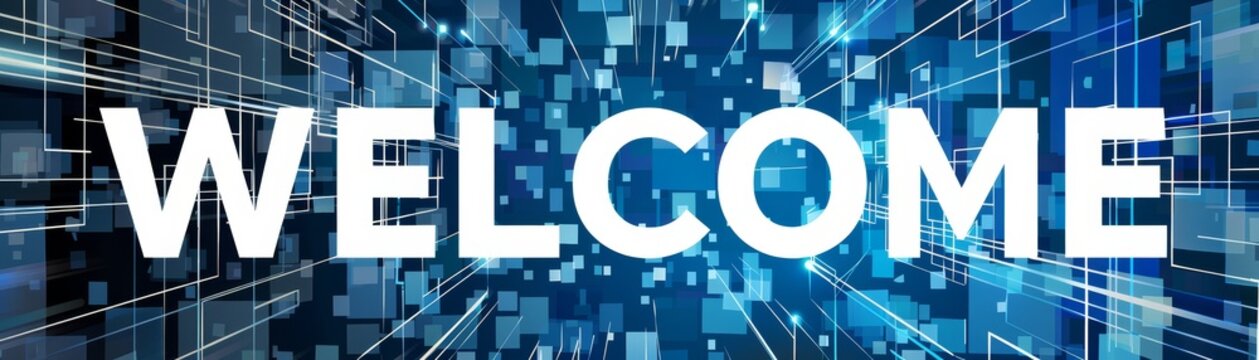 A banner in blue color and futuristic square shapes with Welcome text in bold font. for web and social media.
