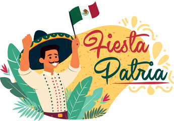 Fiesta patria México, hombre con sombrero y bandera en fiesta patria nacional