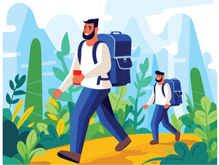 Two male hikers trekking through forest mountain landscape, happy men backpacks hiking nature. Adult hiking duo enjoying wilderness adventure, scenic outdoor exploration. Men walking trail mountain