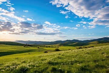 Scenic mountain landscape with green fields and blue sky