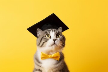 Cat in graduation hat with a bow on yellow background with copy space.