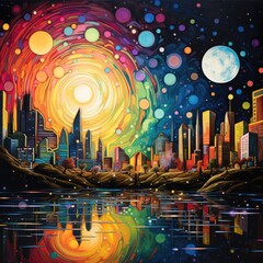 Obraz premium Colorful night city skyline with moon and stars