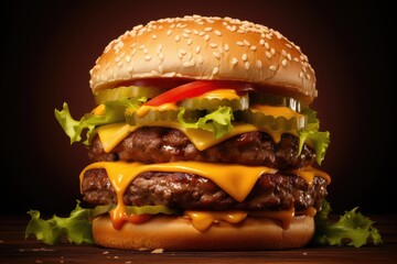 Delicious double-decker cheeseburger with lettuce and tomato