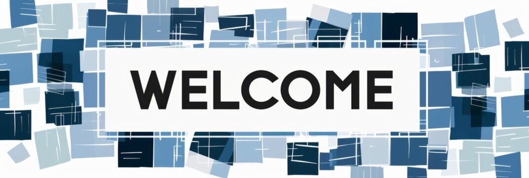 A banner in blue color and futuristic square shapes with Welcome text in bold font. for web and social media.