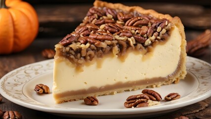 Thanksgiving dessert: a slice of pecan pie cheesecake, baked during the fall season