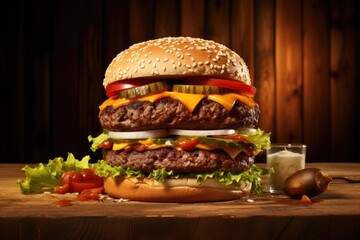 Delicious double cheeseburger on wooden table