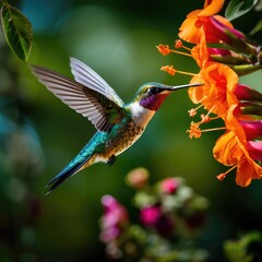 Hummingbird feeding on vibrant orange flower