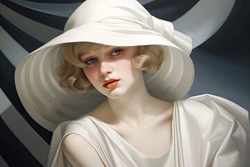 Elegant woman in white hat and dress