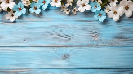 Floral border on blue wooden background