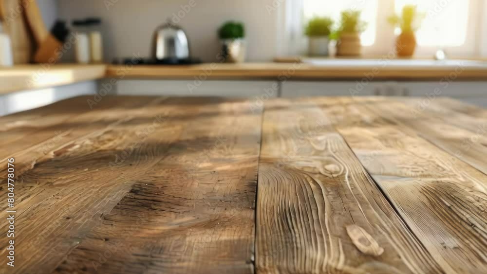 Poster a wooden table with a view of the kitchen. the table is empty and has a view of the stove and sink