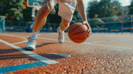 Athlete s hands dribbling basketball with skill and finesse  olympic sport concept