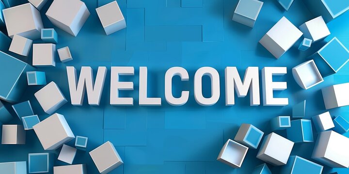A banner in blue color and futuristic square shapes with Welcome text in bold font. for web and social media.