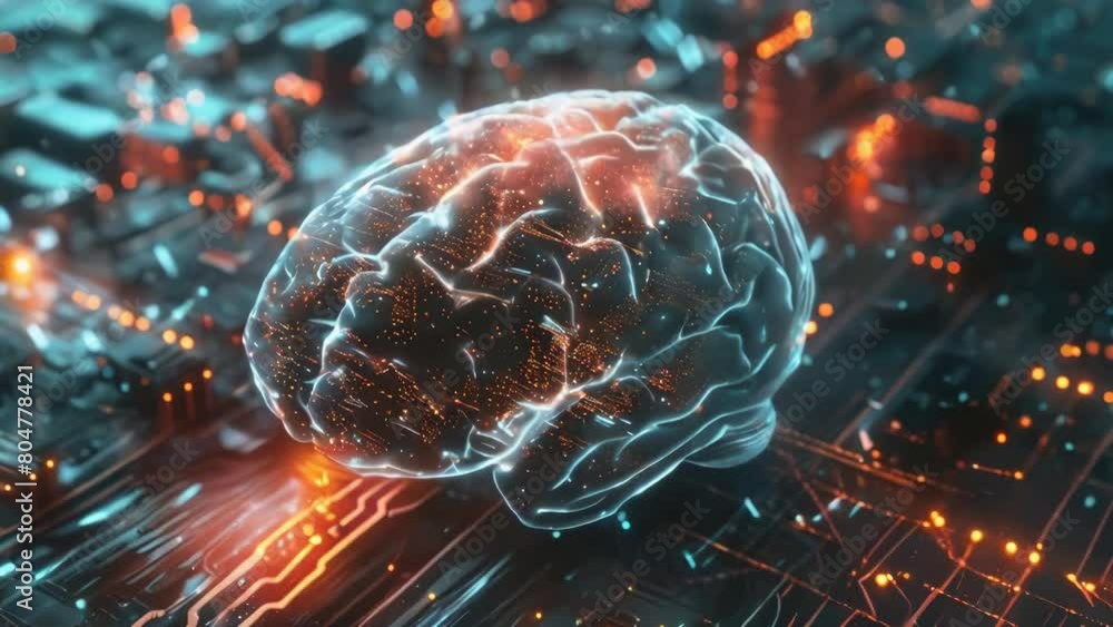 Poster a brain is shown on a computer chip. the brain is glowing with a bright orange color. concept of tec