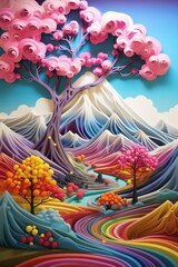 vibrant fantasy landscape with pink trees and mountains
