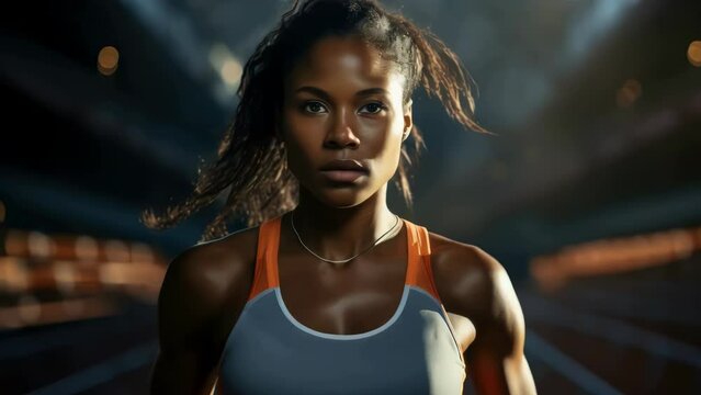 A woman is running in a track with her hair blowing in the wind. Concept of determination and strength as the woman pushes herself to run faster