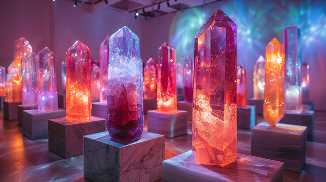 Vibrant display of illuminated crystal sculptures in various colors at an art exhibition, showcasing modern artistic craftsmanship.