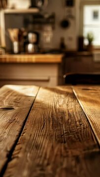 A wooden table with a view of the kitchen. The table is empty and the kitchen is well lit