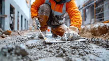 Castinplace work using trowels Workers level cement mortar Construction worker uses trowel to level cement mortar screed Concrete works on construction site